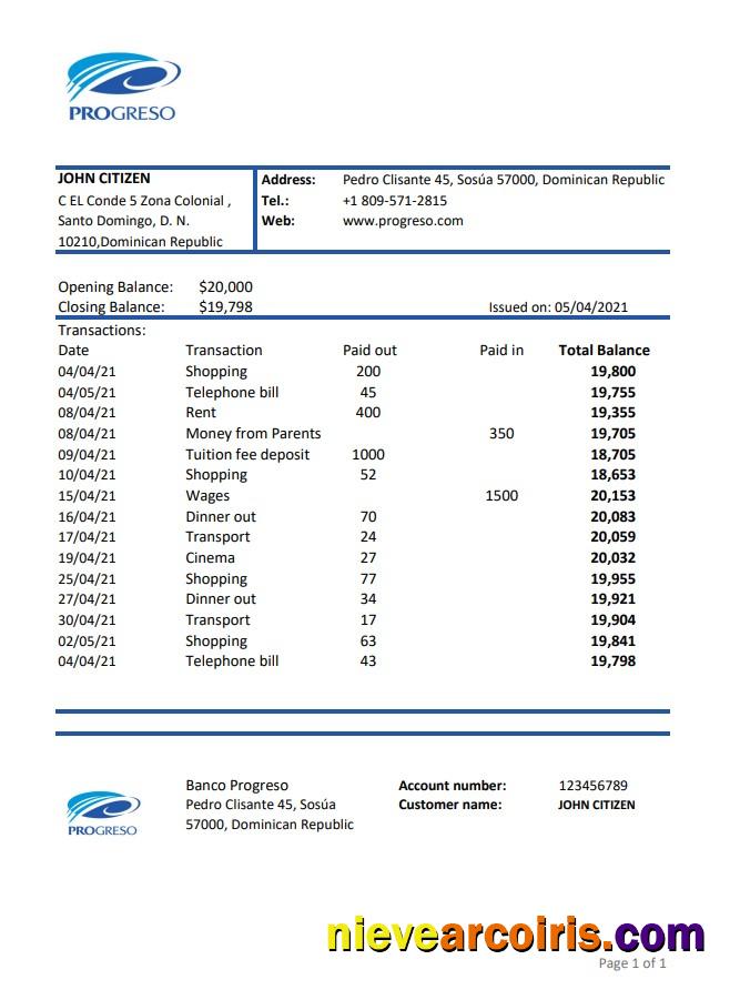 Dominican Republic Progreso bank statement, Excel and PDF format (.xls and .pdf)